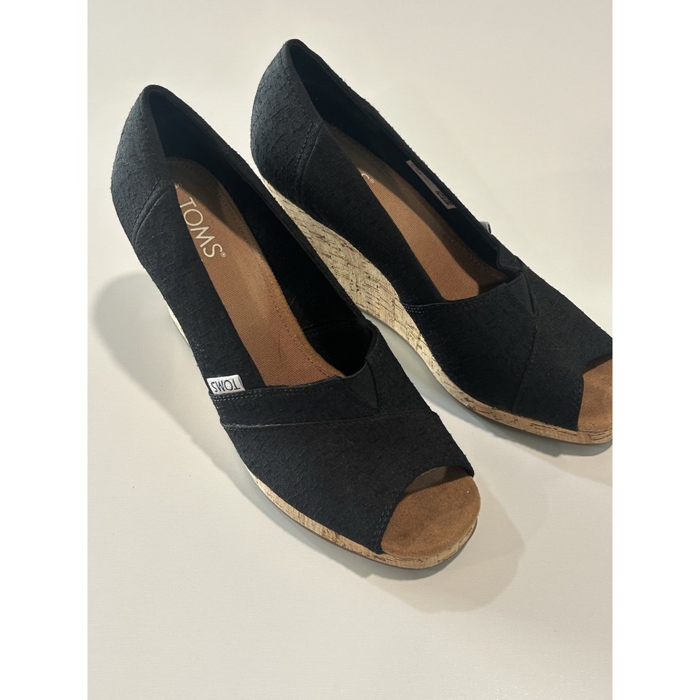 TOMS Women's 7.5 Black Peep Toe Cork Wedge Heels NEW Without Box